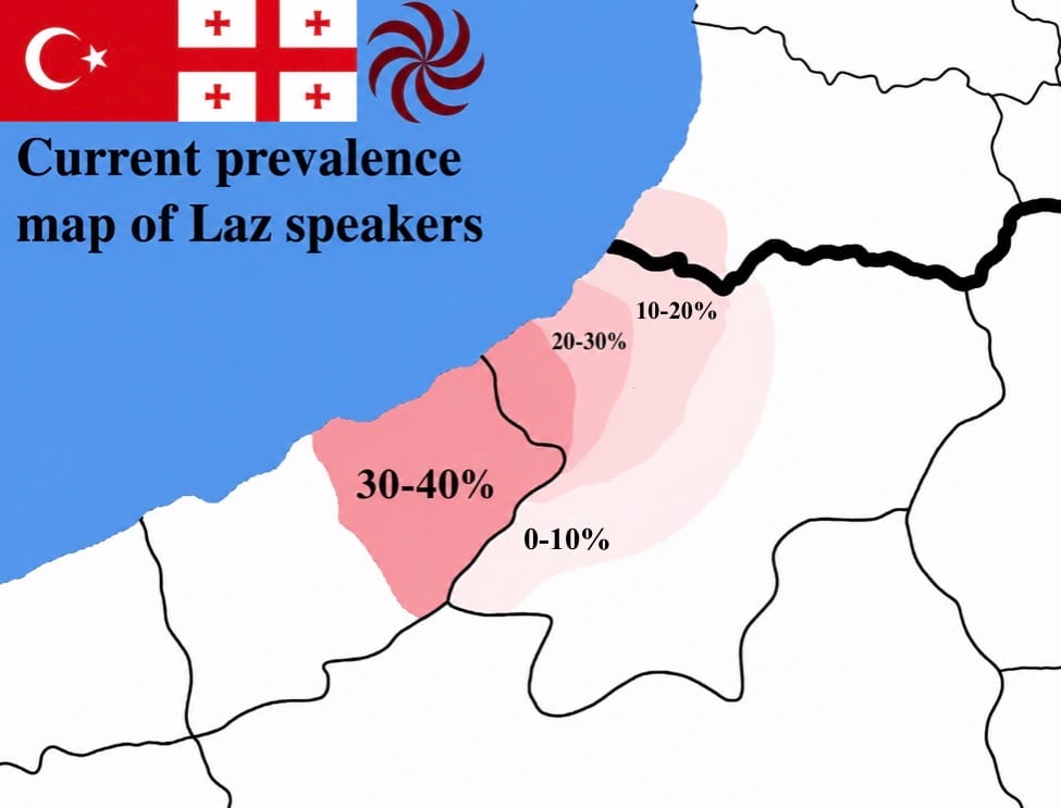 Map of the share of Laz speakers by district on the eastern Black Sea coast